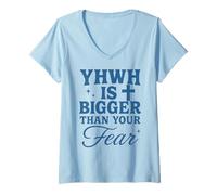 Femme YHWH is Bigger Than Fear Message chrétien hébreu T-Shirt avec Col en V