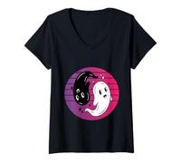 Femme Yin et Yang fantôme Design Effrayant Mignon équilibre Clair T-Shirt avec Col en V