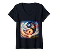 Femme Yin Yang fantastique et surréaliste T-Shirt avec Col en V