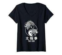 Femme Yin Yang Tigre Dragon Tai Chi Chuan Spiritual Taoism T-Shirt avec Col en V