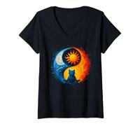 Femme YinYang Yoga Méditation Lune Soleil Art Silhouette Chat T-Shirt avec Col en V