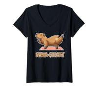 Femme Yoga Capybara Balance Pose Animal Zen T-Shirt avec Col en V