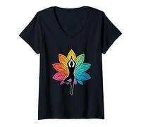 Femme Yoga Chakra Silhouette Posture Arbre Lotus Calme Méditation T-Shirt avec Col en V