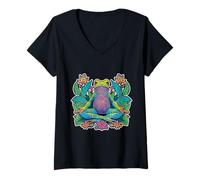 Femme Yoga Grenouille Méditation Zen Pose Équilibre Stretch T-Shirt avec Col en V