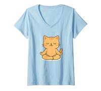 Femme Yoga Kawaii Chat Mignon en Posture de méditation T-Shirt avec Col en V