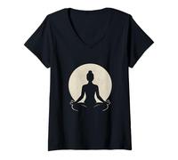 Femme Yoga Zen Méditation Spiritualité Équilibre Lotus Pleine Lune T-Shirt avec Col en V