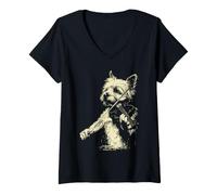 Femme Yorkshire Terrier Jouant du Violon Mignon Yorkshire Chien Violoniste T-Shirt avec Col en V