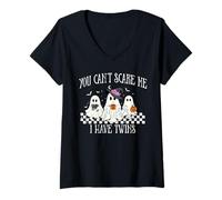 Femme You Can't Scare Me I Have Twins Halloween Twin Mom Grossesse T-Shirt avec Col en V