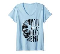 Femme You Make My Head Spin Collection de disques Vintage Gothique Tête de Mort T-Shirt avec Col en V