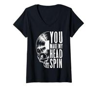 Femme You Make My Head Spin Collection de disques Vintage Gothique Tête de Mort T-Shirt avec Col en V