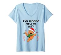 Femme You Wanna Piece of Me Bonhomme en Pain d'épice de Noël Amusant T-Shirt avec Col en V