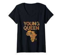 Femme Young Queen Motif Kente Carte Afrique Mode Afrocentrée T-Shirt avec Col en V