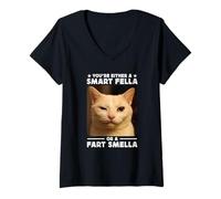 Femme You're Either a Smart Fella Or a Fart Smella Funny Cat Meme T-Shirt avec Col en V