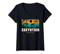 Femme Zakynthos Grèce Rétro Coucher de Soleil Grecque Vacances T-Shirt avec Col en V