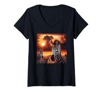 Femme Zèbre au Coucher du Soleil en Afrique T-Shirt avec Col en V
