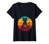 Femme Zen Cat & Coffee Sunset vintage T-Shirt avec Col en V