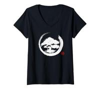 Femme Zen Enso Circle Sumi-e Mountain Brush Art T-Shirt avec Col en V