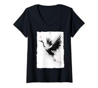 Femme Zen Japonais Grue Tsuru Vintage Sumi-e Peinture Cadeau T-Shirt avec Col en V