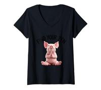 Femme Zen Pig Méditation Calme T-Shirt avec Col en V