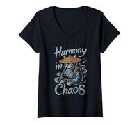 Femme Zen Samouraï Chat Harmonie dans le Chaos avec Chapeau de Paille Japonais T-Shirt avec Col en V