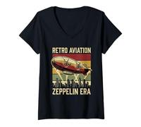 Femme Zeppelin Era Retro Aviation Art Déco City Skyline T-Shirt avec Col en V