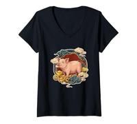 Femme Zodiaque Chinois Cochon Chanceux T-Shirt avec Col en V