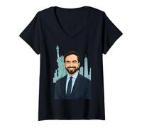 Femme Zohran Mamdani Portrait du Maire de New York Statue de la Liberté T-Shirt avec Col en V
