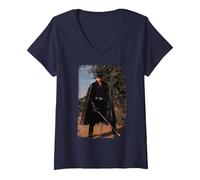 Femme Zorro Sword Pose 1990 Série TV Vieilli T-Shirt avec Col en V, Bleu Marine, S