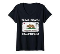 Femme Zuma Beach Drapeau de Californie Vieilli T-Shirt avec Col en V