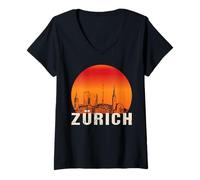Femme Zurich Suisse Coucher de Soleil Monuments T-Shirt avec Col en V