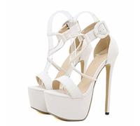 Femmes 16 CM Talons Hauts Boucle Aiguille Bride À La Cheville Sexy Bout Ouvert Plate-Forme Chaussures Dames Robe De Soirée Sandales,Blanc,38 EU