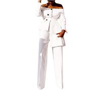 Femmes 2 Pièces Tenue Costume Épaule Froide Pantalon Costume À Manches Longues Asymétrique Blazer Veste Plaine Travail Bureau d'affaires Invités De Mariage Casual Smart Costume Ensemble