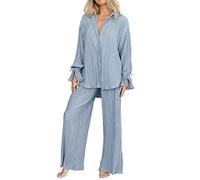 Femmes 2 pièces Tenues décontracté à Manches Longues Coupe Ample boutonné Chemises Blouses Hauts Jambe Large Pantalons Longs Ensembles Pantalon Maille