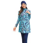 Femmes 3 pièces Musulmanes Maillot de Bain Modest Maillot de Bain Complet Burkini Islamique à Manches Longues Maillot de Bain avec Pantalon de Bain Hijab Ensemble Tankini Bleu Clair XXL
