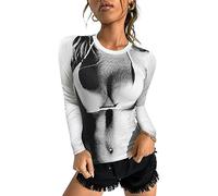 Femmes 3D Body Print Y2K Crop Tops - Sexy T-Shirt Tendance Graphique Tee-shirt Esthétique Manches Longues Courtes Col Rond Vêtements, blanc, Taille L