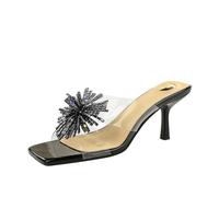 Femmes 6.5cm carré ouvert orteil scintillant fleur pantoufles talon haut | Décoration de feux d'artifice, Pompes à Stiletto, transparent