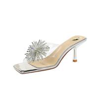 Femmes 6.5cm carré ouvert orteil scintillant fleur pantoufles talon haut | Décoration de feux d'artifice, Pompes à Stiletto, transparent