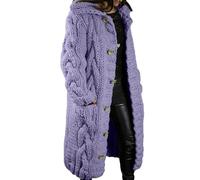 Femmes à capuchon long cardigan bouton vers le bas épais (Violet;,Grand)