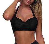 Femmes à Lacets Haut de Bikini Push Up Haut de Bain Licou rétro Maillot de Bain Haut rembourré Haut de Maillot de Bain Seulement (Black, XXL)