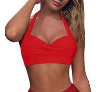 Femmes à Lacets Haut de Bikini Push Up Haut de Bain Licou rétro Maillot de Bain Haut rembourré Haut de Maillot de Bain Seulement (Red, XXL)