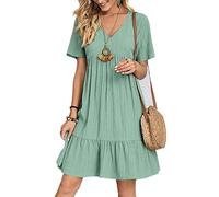 Femmes A-Ligne Mini Robe Élégant Col en V À Manches Courtes Plage Vintage Volants Robe Femme Lâche Casual Solide Robes De Soirée Vestidos-LightGreen-L