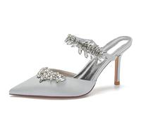 Femmes Aiguilles Talon Haut Mules Escarpins Strass Bretelles Fermé Bout Pointu Chaussures De Mariée Mariage,Argent,38 EU