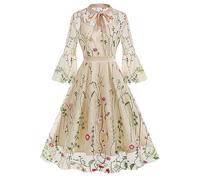 Femmes Années 1950 Vintage Rockabilly Robe Fleur Brodé Cocktail Robe A - Ligne Manches en Cloche Vintage Vintage Swing Robe Plissée Robe de Fête de Mariage Abricot XXL