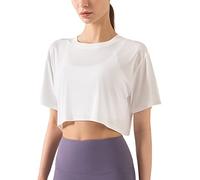 Femmes Aptitude Entraînement Hauts Courts Manche Courte Yoga Tee Shirts Athlétique Fonctionnement Chemises de Sport Blanc M