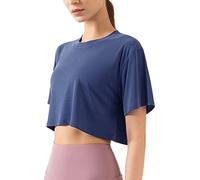 Femmes Aptitude Entraînement Hauts Courts Manche Courte Yoga Tee Shirts Athlétique Fonctionnement Chemises de Sport Bleu Marine S