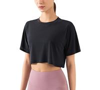 Femmes Aptitude Entraînement Hauts Courts Manche Courte Yoga Tee Shirts Athlétique Fonctionnement Chemises de Sport Noir L