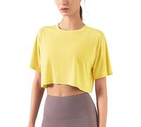 Femmes Aptitude Entraînement Hauts Courts Manche Courte Yoga Tee Shirts Athlétique Fonctionnement Chemises de Sport Jaune Clair M