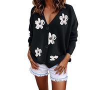 Femmes Automne et Hiver décontracté Mode Couleur Unie col en V tricoté Veste Fleur à Manches Longues Cardigan Pull Veste Plaid Polaire Pull (Black-C, One Size)