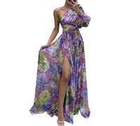 Femmes Automne Et Hiver Party Fashion Casual Hem Split Printed Dresses Loose Slant Shoulder Dresses