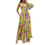Femmes Automne Et Hiver Party Fashion Casual Hem Split Printed Dresses Loose Slant Shoulder Dresses